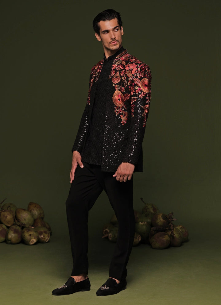 Black Floral Sequin Embroidered Jodhpuri Jacket Set Kalpraag - Fabilicious Fashion