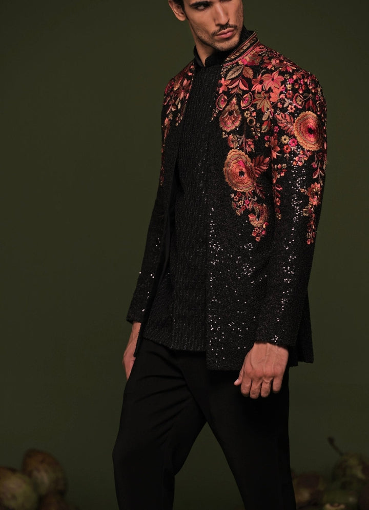 Black Floral Sequin Embroidered Jodhpuri Jacket Set Kalpraag - Fabilicious Fashion