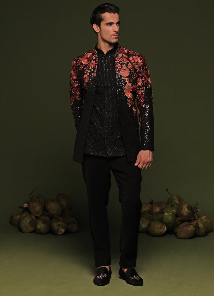 Black Floral Sequin Embroidered Jodhpuri Jacket Set Kalpraag - Fabilicious Fashion