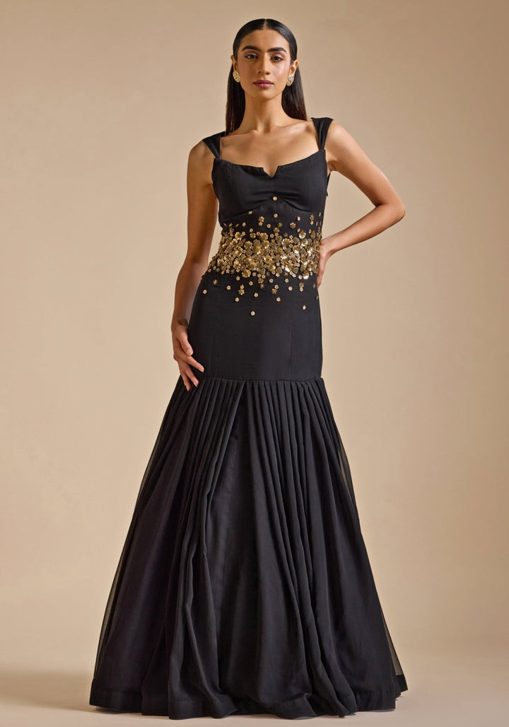 Black Georgette Embroidered Gown Prevasu - Fabilicious Fashion