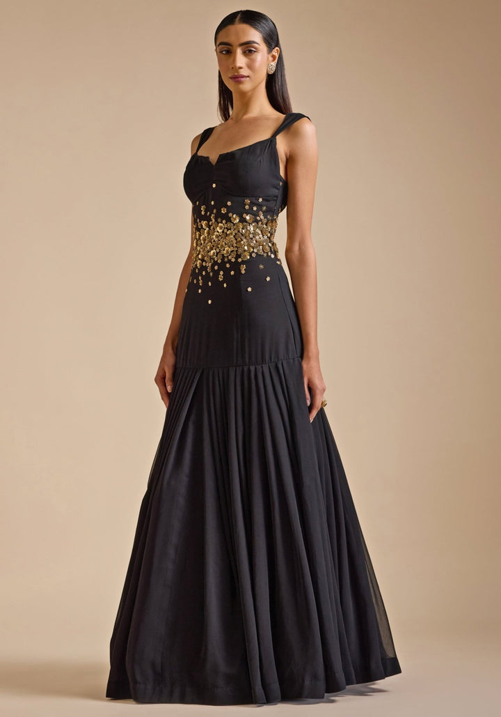 Black Georgette Embroidered Gown Prevasu - Fabilicious Fashion
