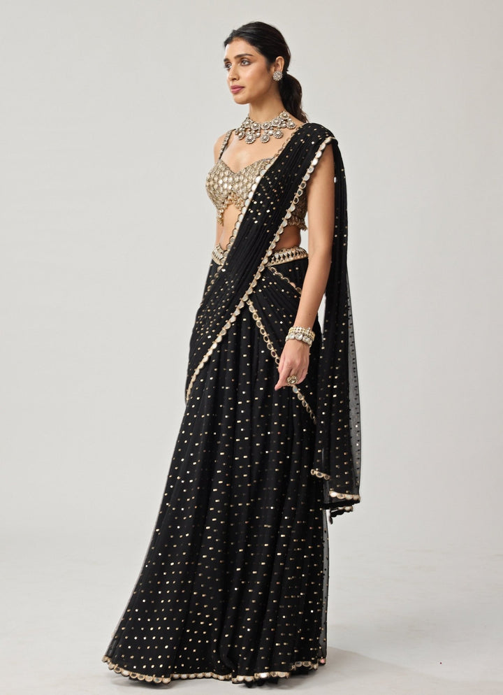 Black Georgette Flared Pants Saree Set Vvani by Vani Vats - Fabilicious Fashion