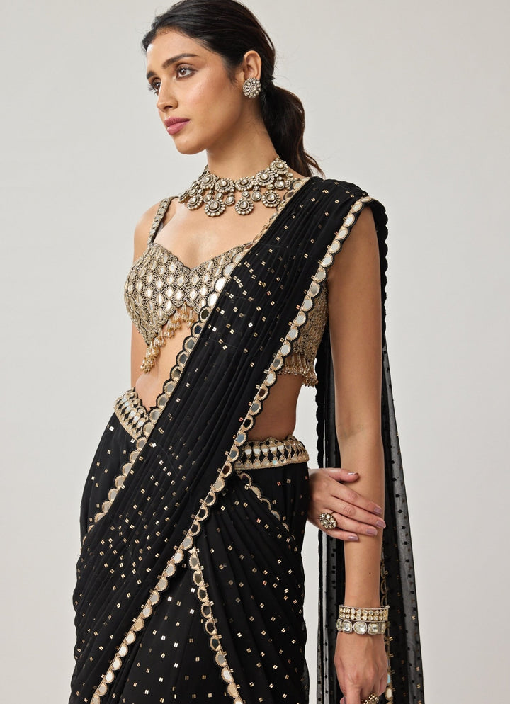 Black Georgette Flared Pants Saree Set Vvani by Vani Vats - Fabilicious Fashion