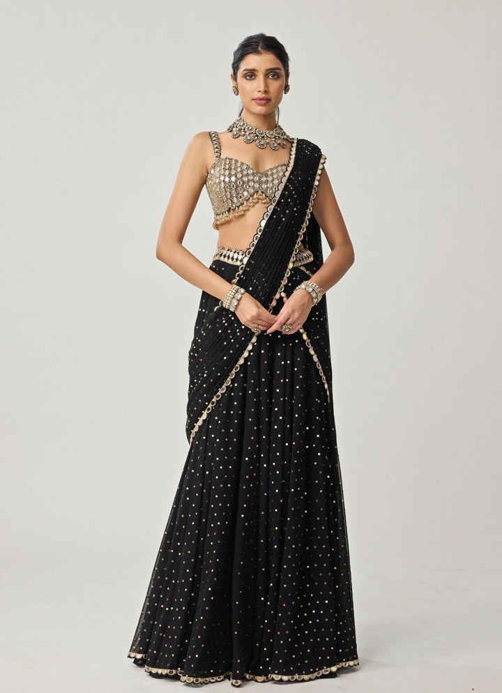 Black Georgette Flared Pants Saree Set Vvani by Vani Vats - Fabilicious Fashion