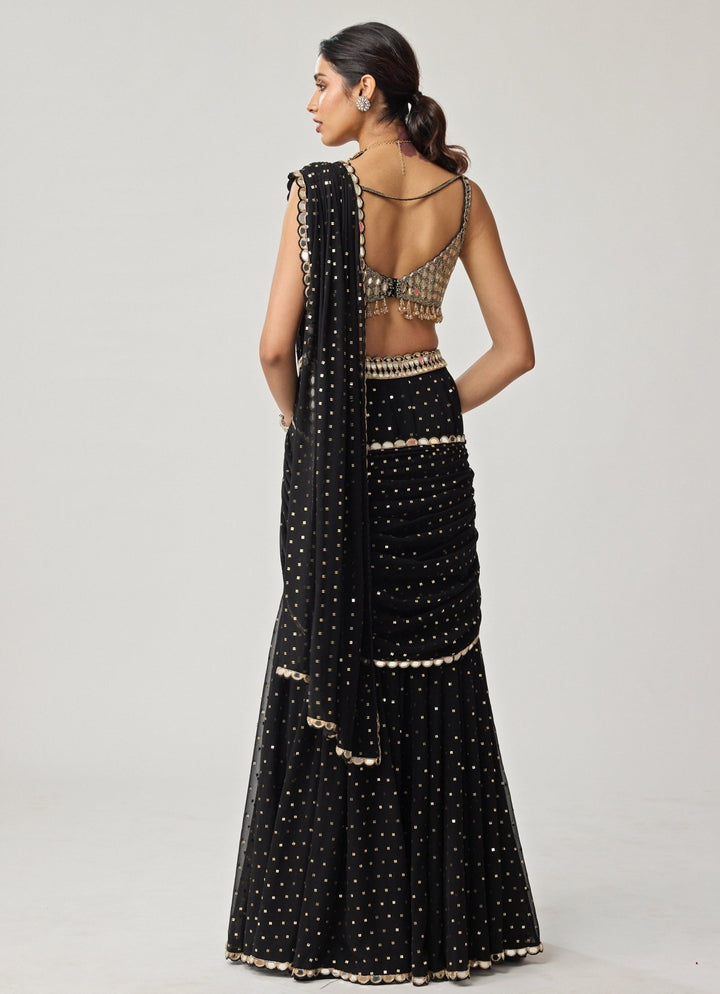 Black Georgette Flared Pants Saree Set Vvani by Vani Vats - Fabilicious Fashion