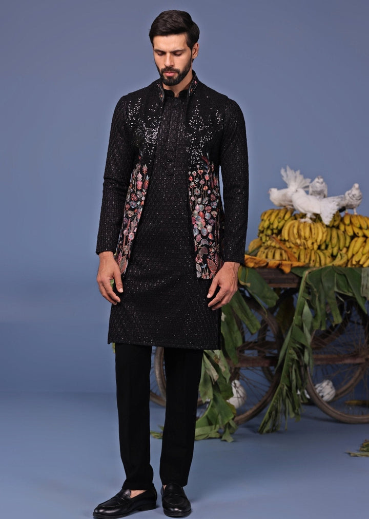 Black Georgette Kurta Pant Set with Embroidered Jacket Kalpraag - Fabilicious Fashion