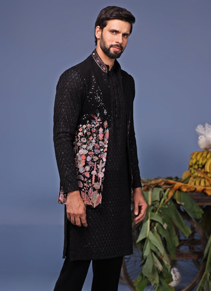 Black Georgette Kurta Pant Set with Embroidered Jacket Kalpraag - Fabilicious Fashion