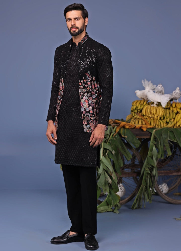Black Georgette Kurta Pant Set with Embroidered Jacket Kalpraag - Fabilicious Fashion