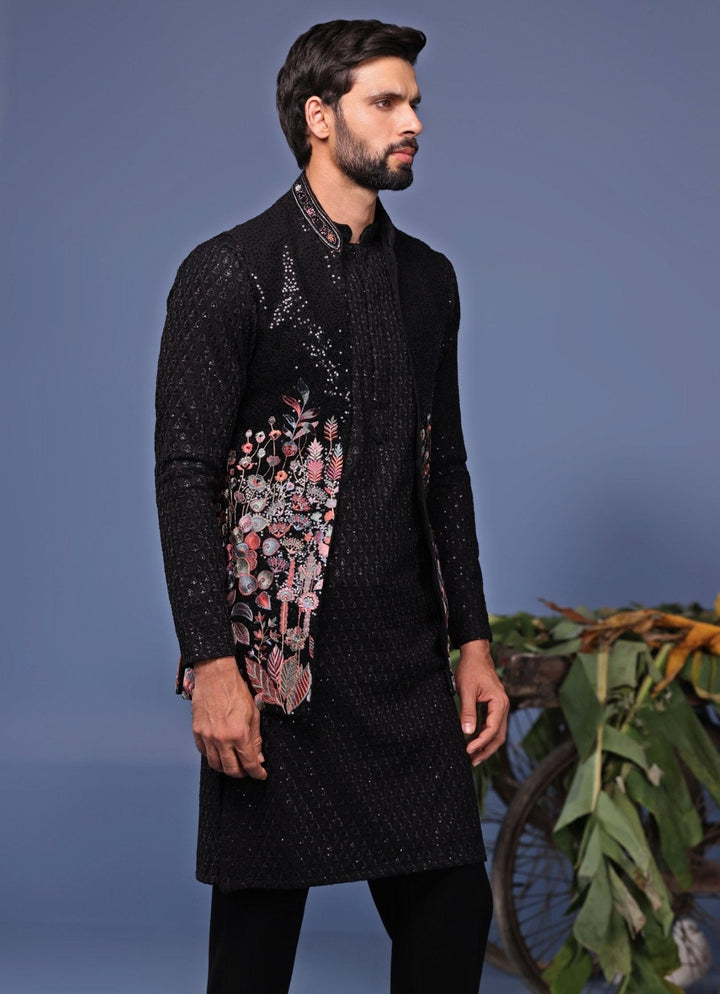 Black Georgette Kurta Pant Set with Embroidered Jacket Kalpraag - Fabilicious Fashion