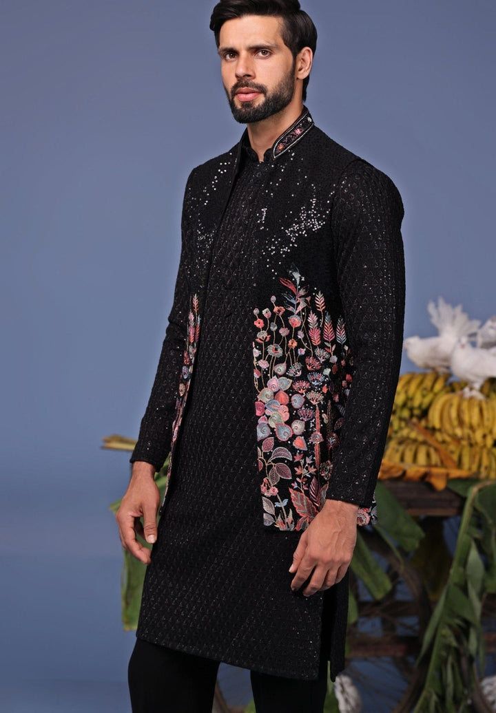 Black Georgette Kurta Pant Set with Embroidered Jacket Kalpraag - Fabilicious Fashion