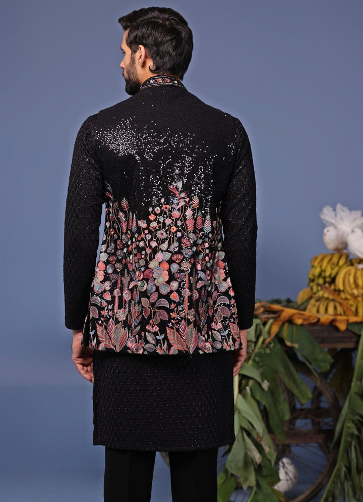 Black Georgette Kurta Pant Set with Embroidered Jacket Kalpraag - Fabilicious Fashion