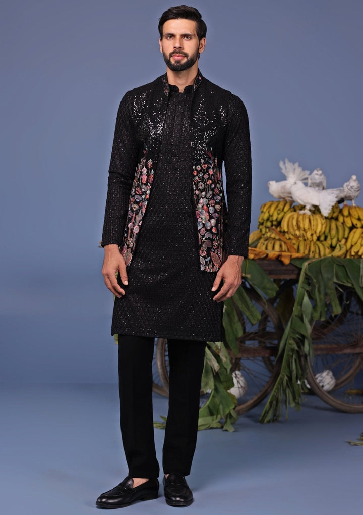 Black Georgette Kurta Pant Set with Embroidered Jacket Kalpraag - Fabilicious Fashion