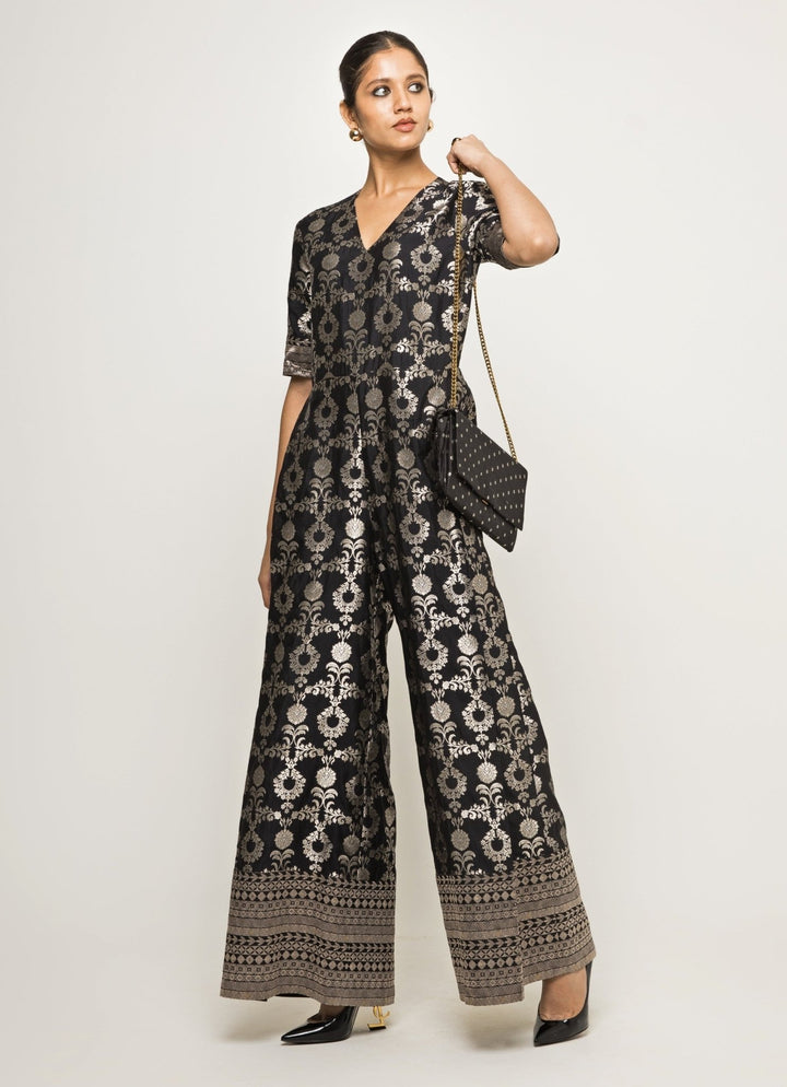 Black Handwoven Brocade Jaal Jumpsuit Sobariko - Fabilicious Fashion