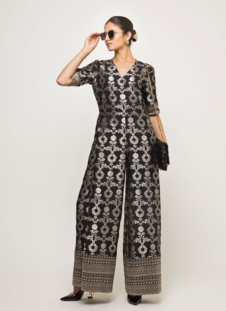 Black Handwoven Brocade Jaal Jumpsuit Sobariko - Fabilicious Fashion