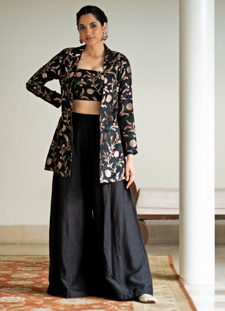 Black Handwoven Floral Brocade Jacket Set Sobariko - Fabilicious Fashion