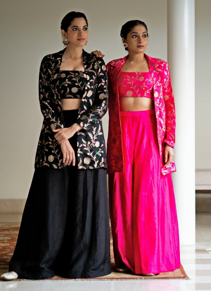 Black Handwoven Floral Brocade Jacket Set Sobariko - Fabilicious Fashion