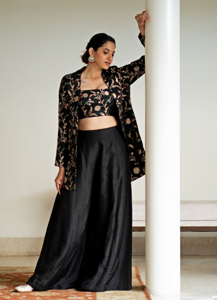 Black Handwoven Floral Brocade Jacket Set Sobariko - Fabilicious Fashion