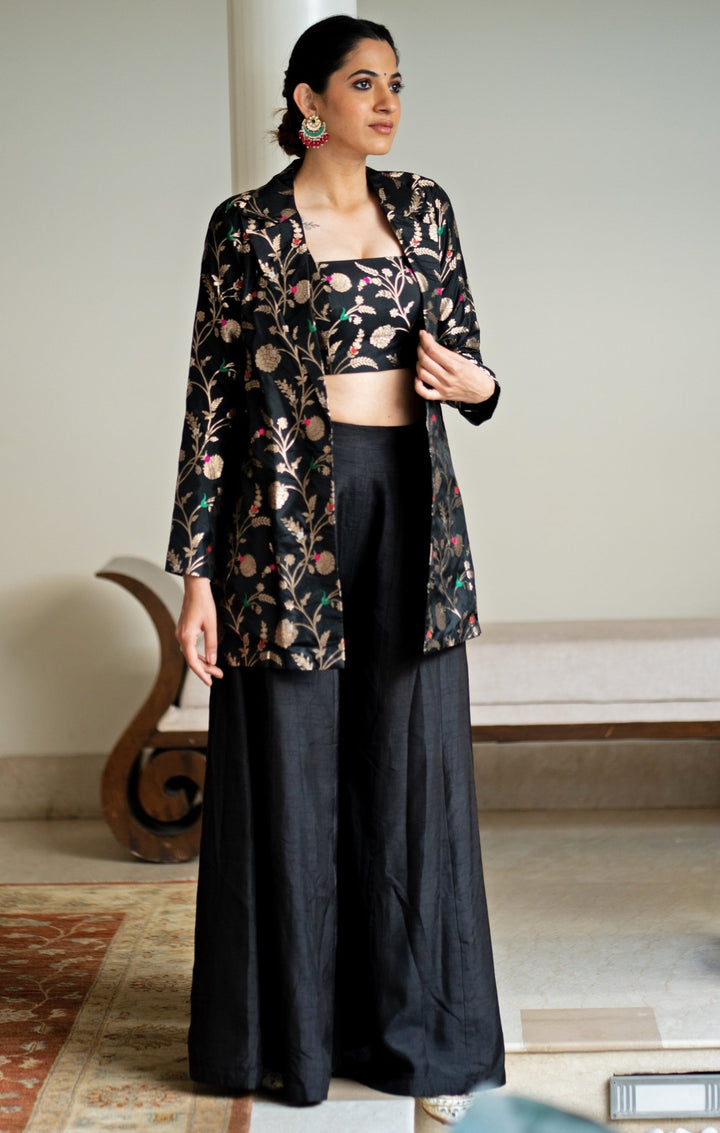Black Handwoven Floral Brocade Jacket Set Sobariko - Fabilicious Fashion