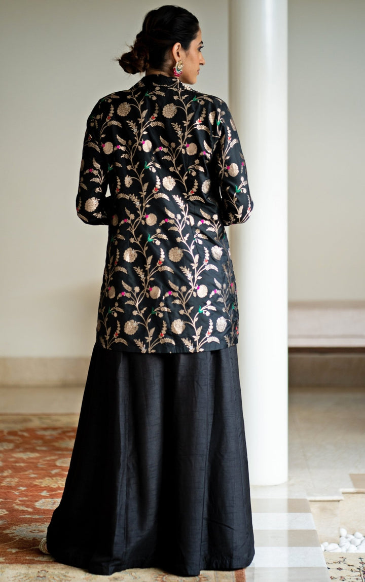 Black Handwoven Floral Brocade Jacket Set Sobariko - Fabilicious Fashion