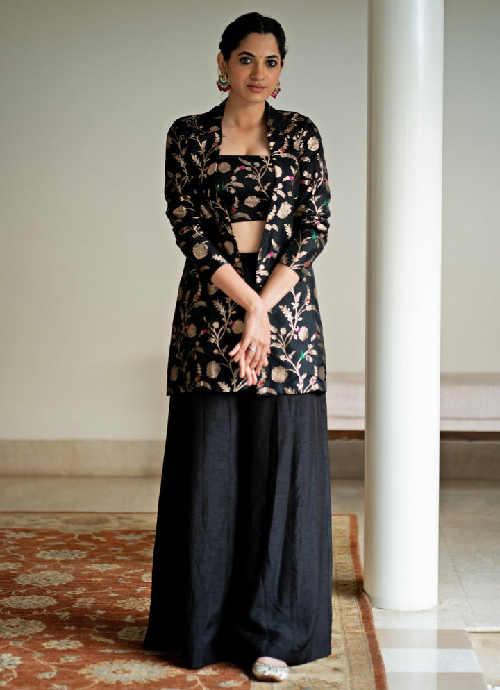 Black Handwoven Floral Brocade Jacket Set Sobariko - Fabilicious Fashion