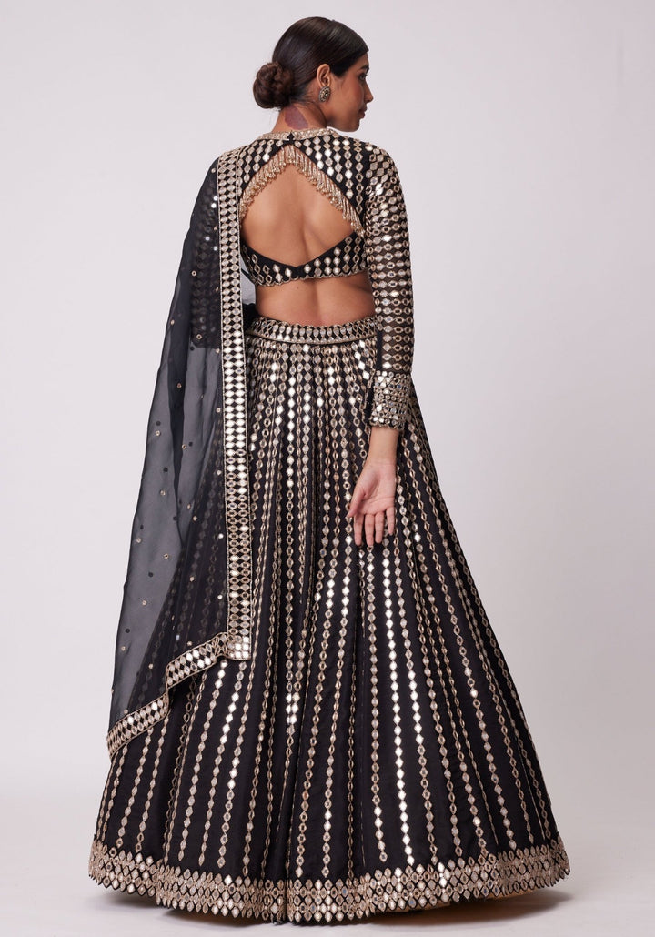 Black Linear Lehenga With Embroidered Full Sleeves Blouse Vvani by Vani Vats - Fabilicious Fashion