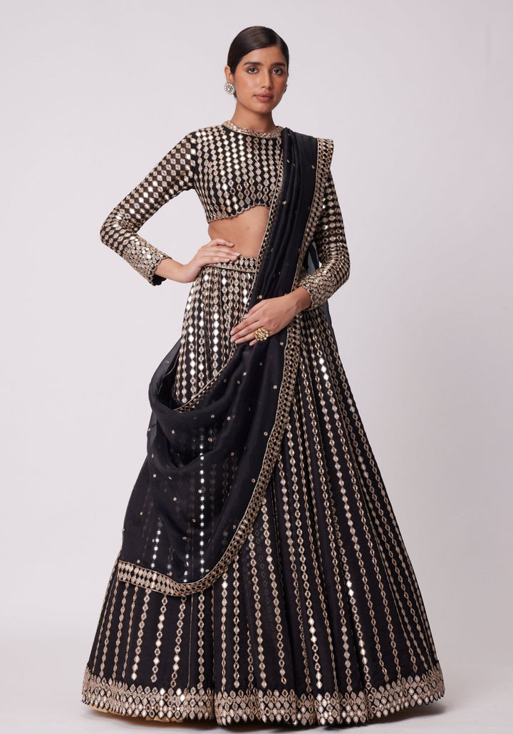 Black Linear Lehenga With Embroidered Full Sleeves Blouse Vvani by Vani Vats - Fabilicious Fashion