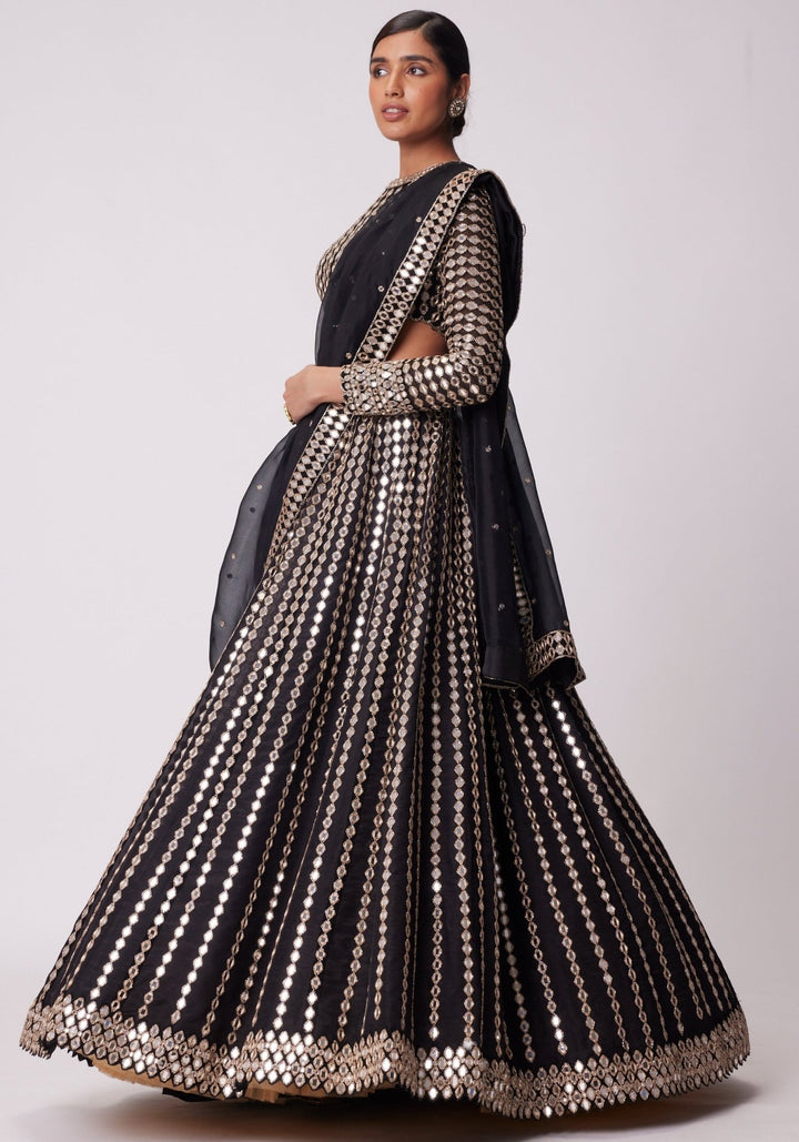 Black Linear Lehenga With Embroidered Full Sleeves Blouse Vvani by Vani Vats - Fabilicious Fashion