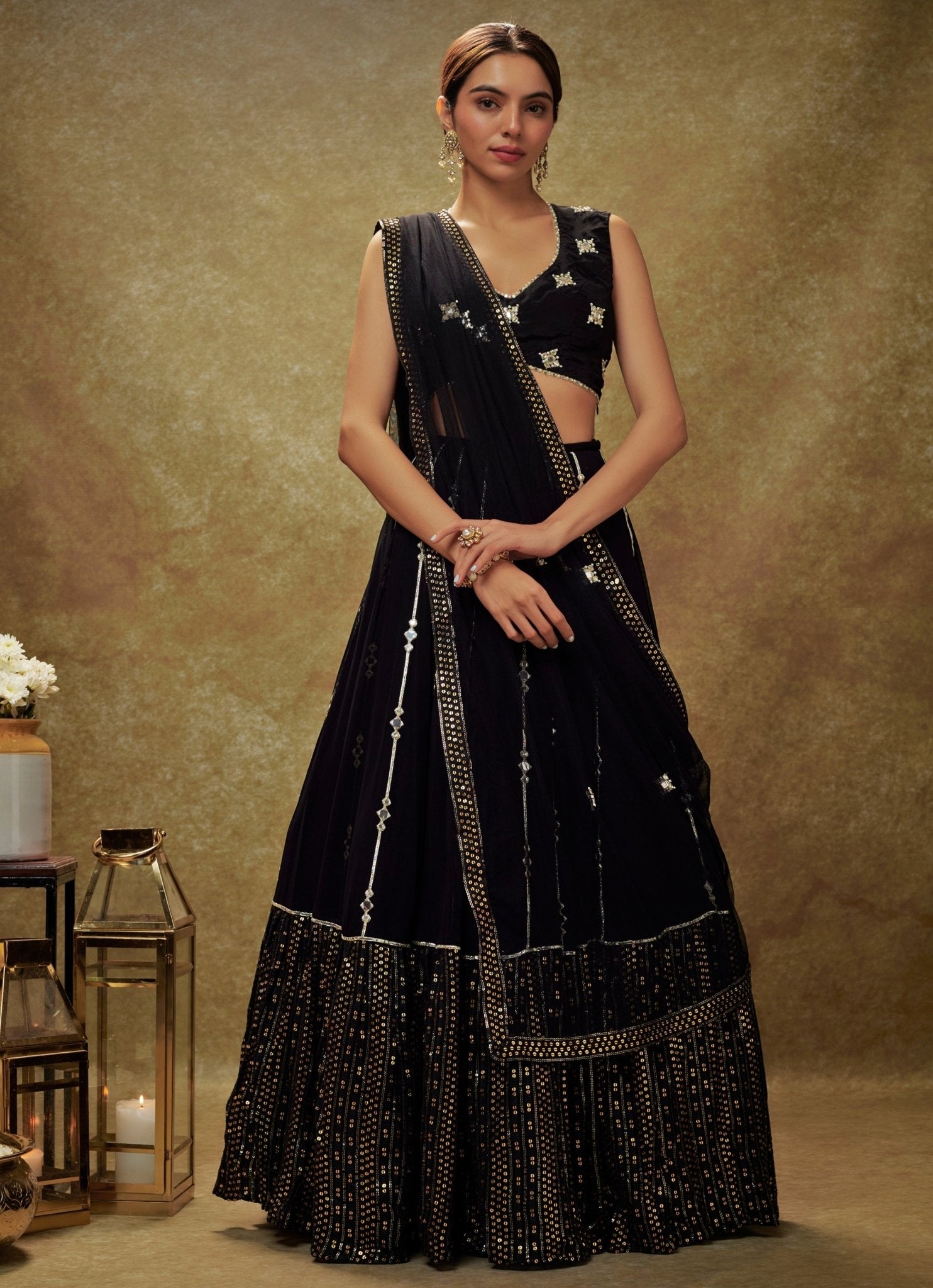 Black Embellished Faux Mirror Embroidered Top With Tiered Lehenga And Dupatta With Bandana