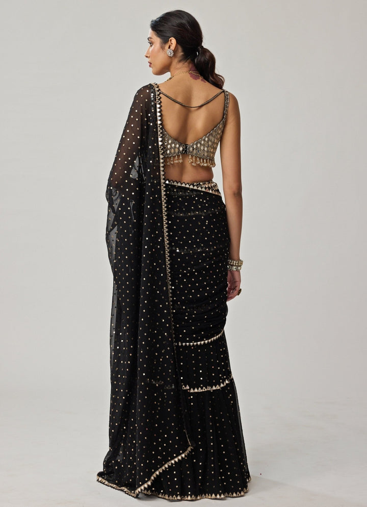 Black Multi - Tier Georgette Saree Set Vvani by Vani Vats - Fabilicious Fashion