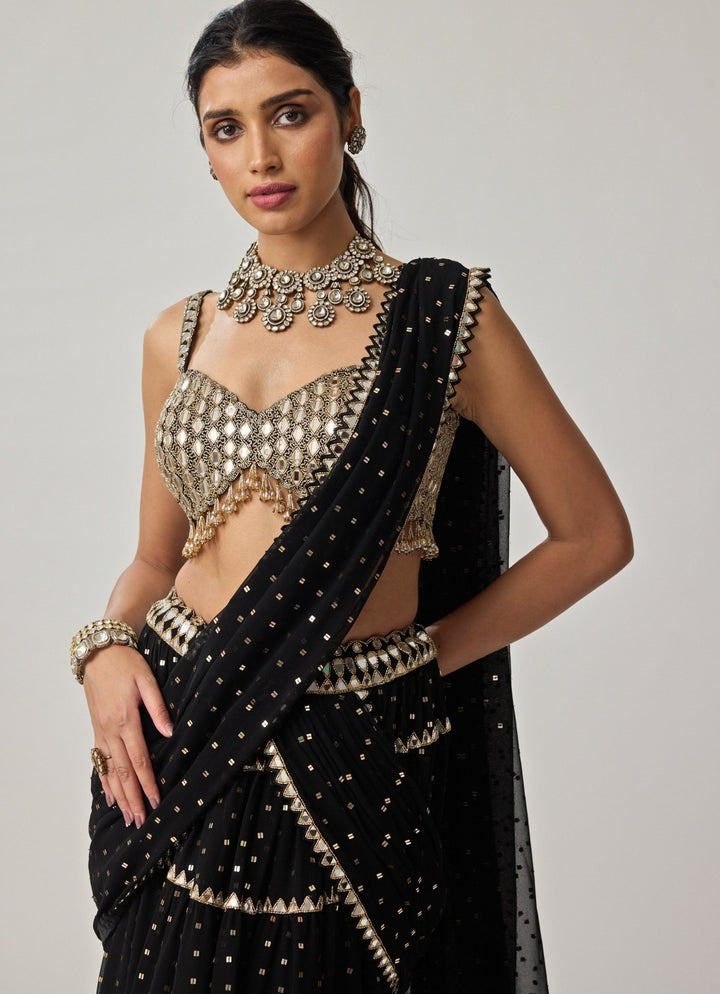 Black Multi - Tier Georgette Saree Set Vvani by Vani Vats - Fabilicious Fashion