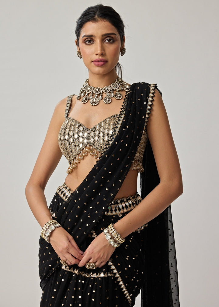 Black Multi - Tier Georgette Saree Set Vvani by Vani Vats - Fabilicious Fashion