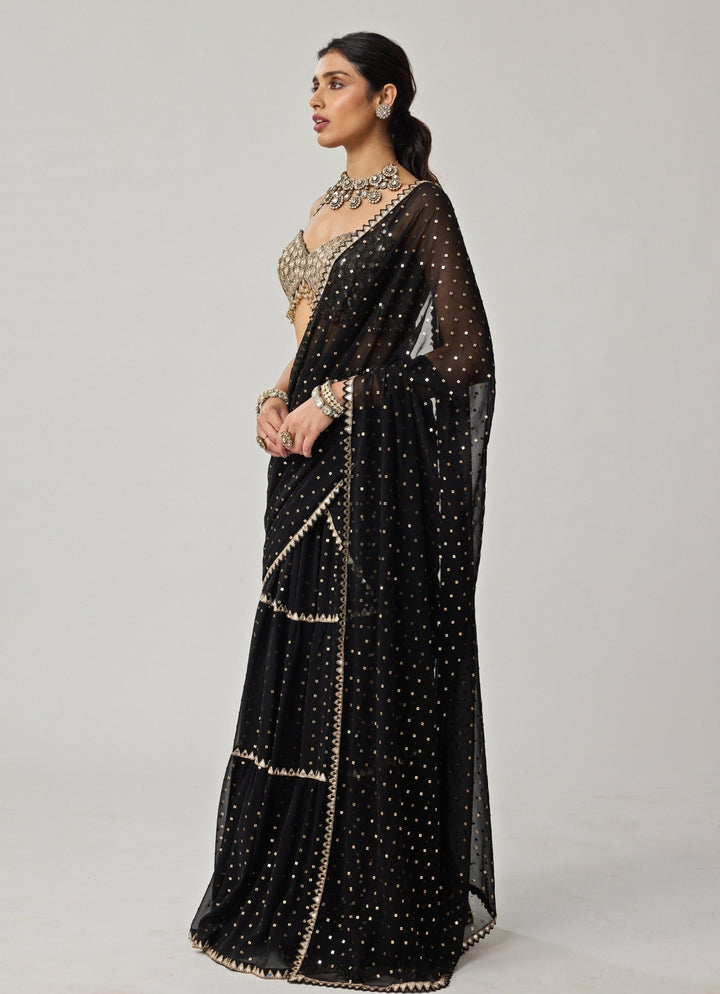 Black Multi - Tier Georgette Saree Set Vvani by Vani Vats - Fabilicious Fashion