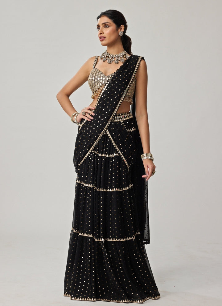 Black Multi - Tier Georgette Saree Set Vvani by Vani Vats - Fabilicious Fashion