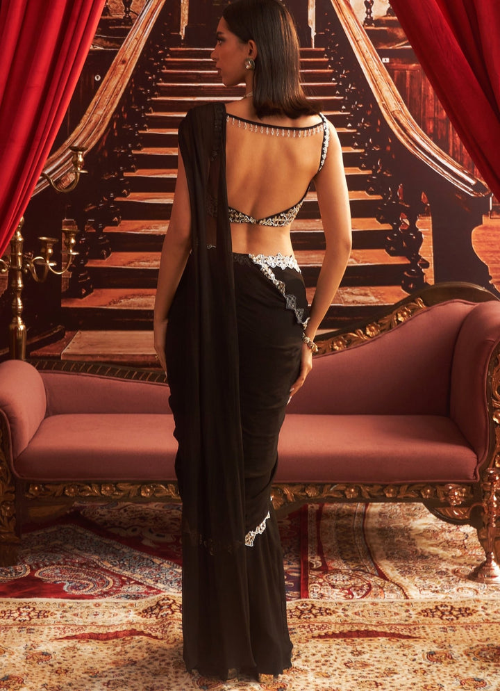 Black Pre Draped Georgette Saree With Embroidered Blouse Seema Thukral - Fabilicious Fashion