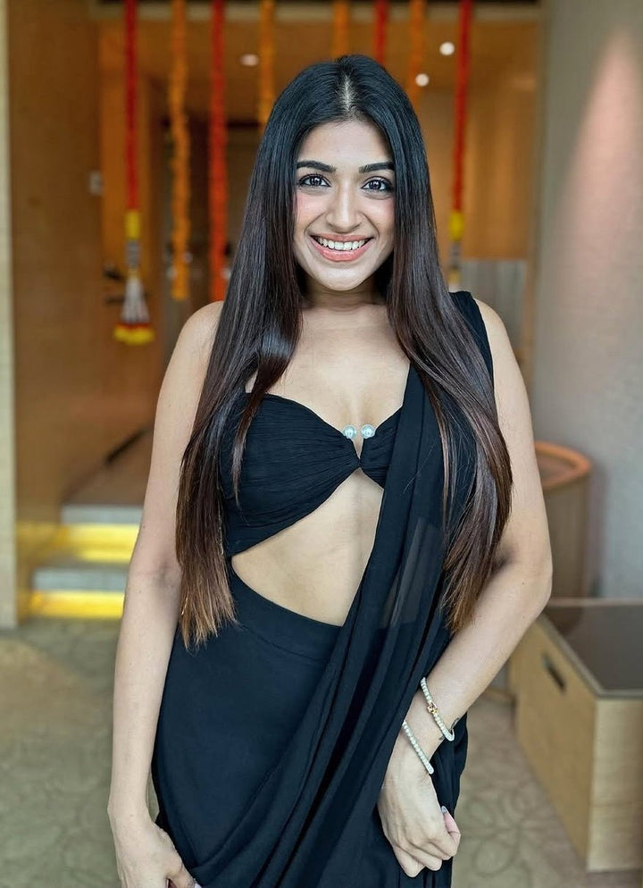 Black Pre Draped Pure Georgette Ruffle Saree Set With Bralette Ankita Bajaj Label - Fabilicious Fashion