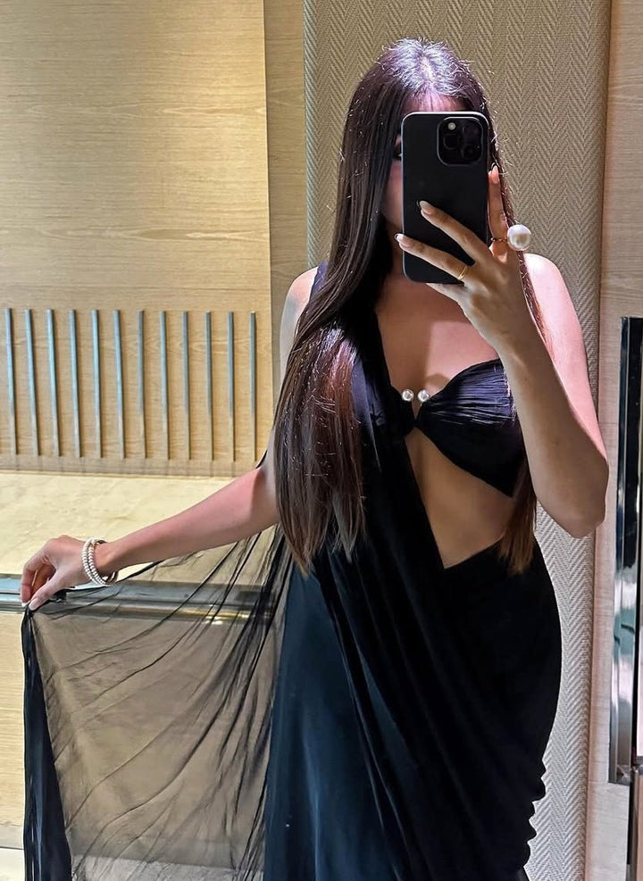 Black Pre Draped Pure Georgette Ruffle Saree Set With Bralette Ankita Bajaj Label - Fabilicious Fashion