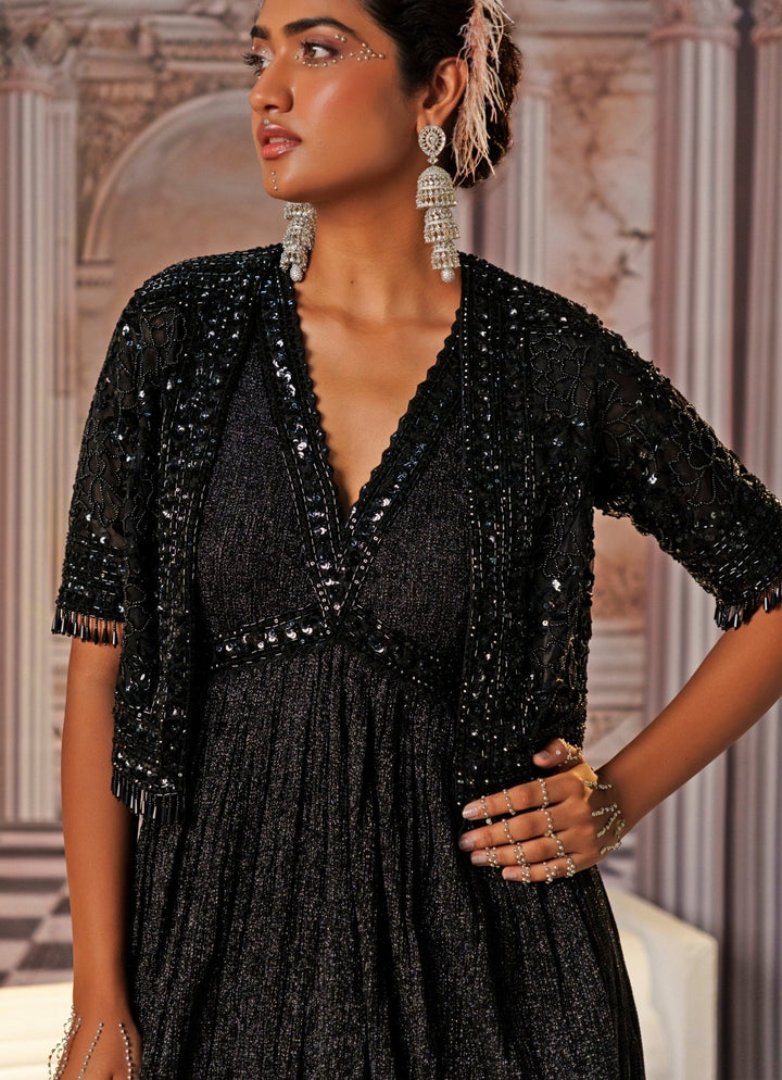Black Sequin Embroidered Anarkali With Cape Nidhika Shekhar - Fabilicious Fashion
