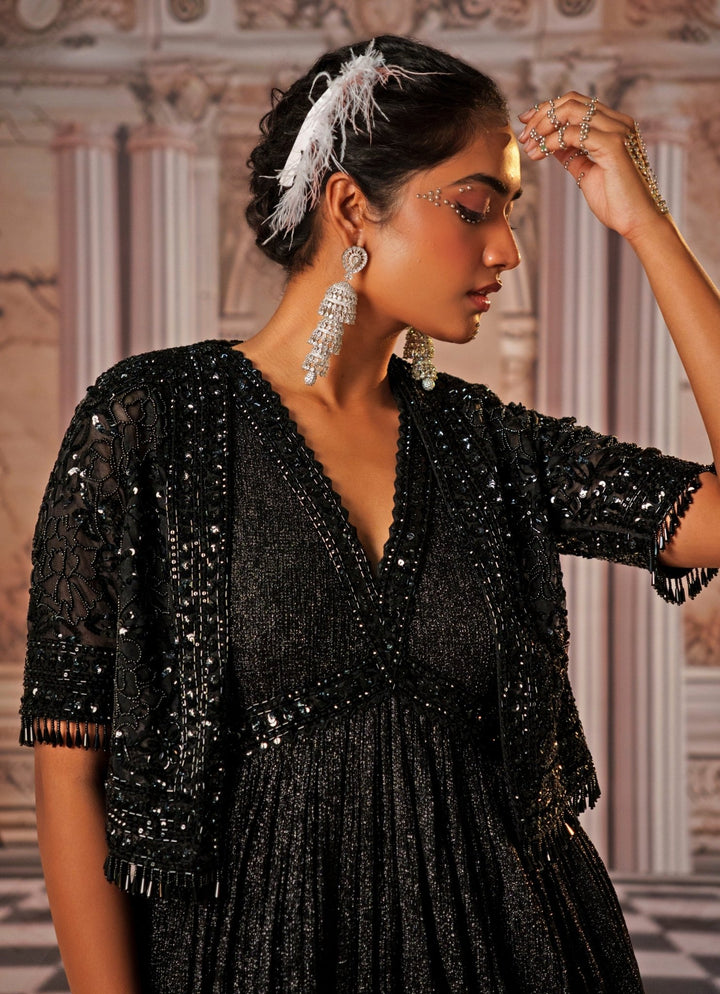 Black Sequin Embroidered Anarkali With Cape Nidhika Shekhar - Fabilicious Fashion