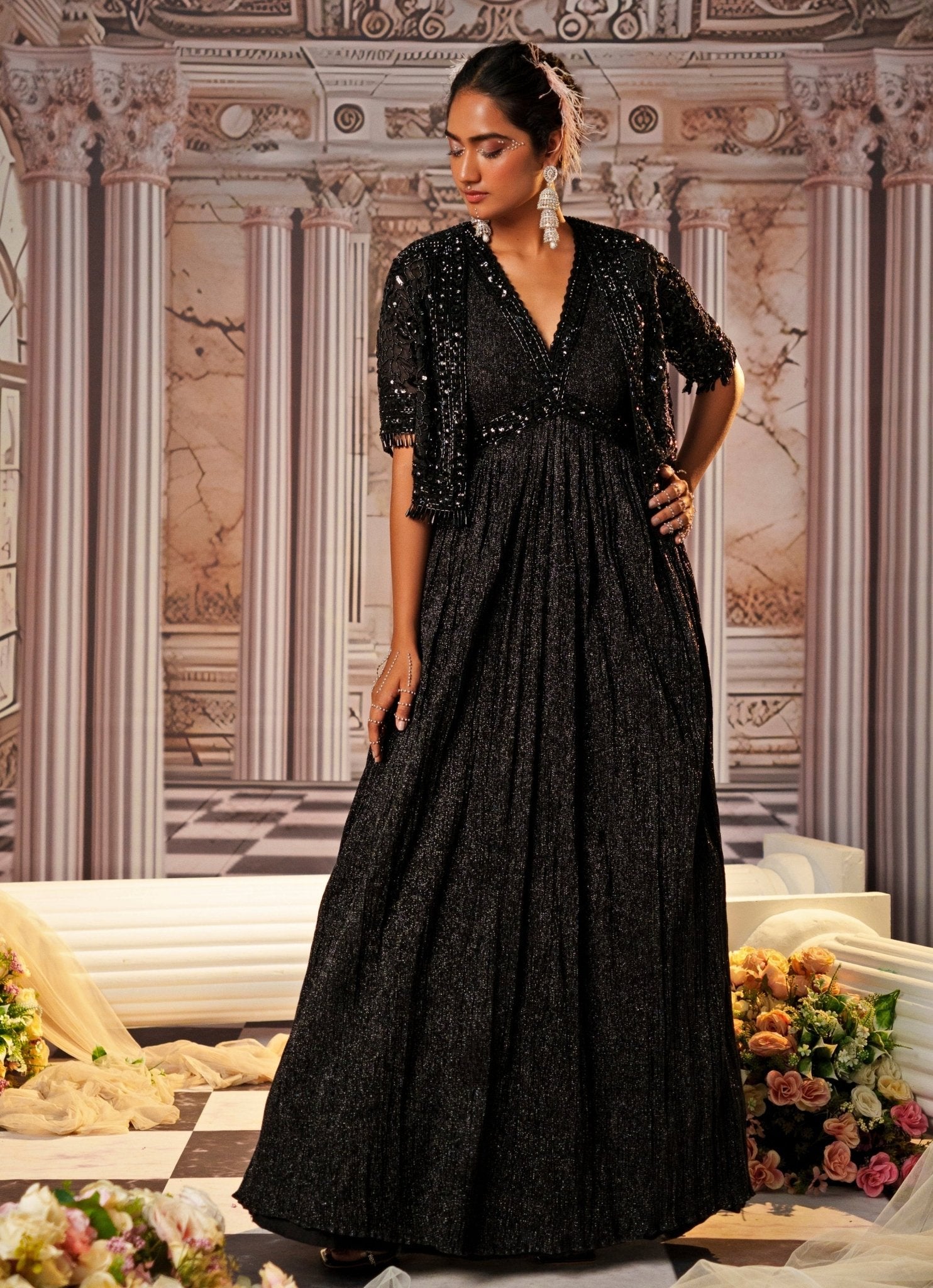 sachin and babi light blue dress enkelejdashatriofficial Elegant black sequin gown with illusion mesh  cutouts and a sculpted, from-fitting silhouette  Model:  @ornelaberisha_ Photographer: @shenollzehri MUA: @glambyvjollca Hair:  @hanaarllatii_hair #enkelejdashatri