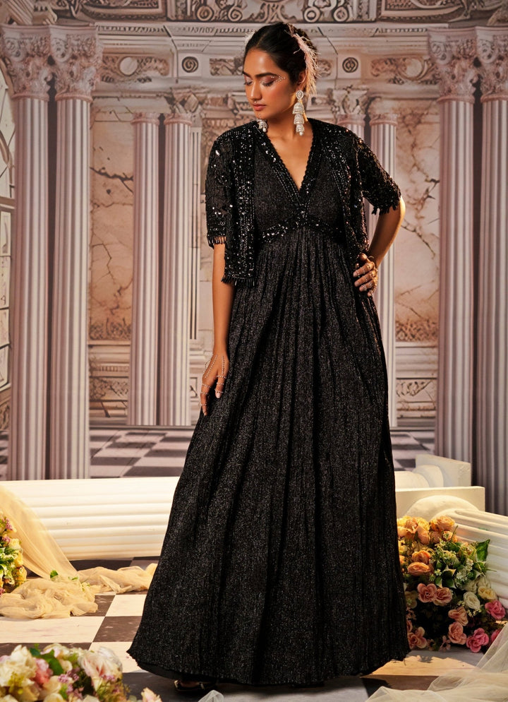 Black Sequin Embroidered Anarkali With Cape Nidhika Shekhar - Fabilicious Fashion