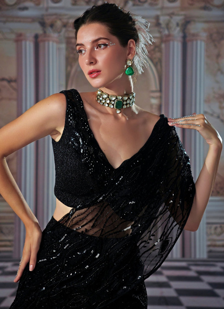 Black Sequin Embroidered Crinkle Skirt Saree Nidhika Shekhar - Fabilicious Fashion