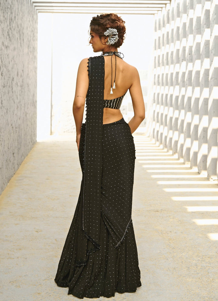 Black Sequin Embroidered Pre Stitched Georgette Saree Chamee and Palak - Fabilicious Fashion