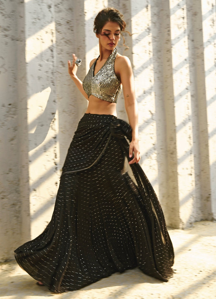 Black Sequin Embroidered Pre Stitched Georgette Saree Chamee and Palak - Fabilicious Fashion