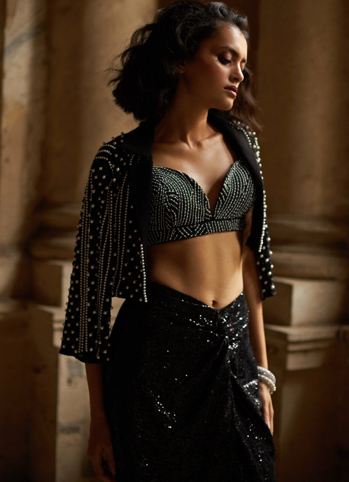 Black Sequin Knot Skirt and Embellished Jacket Set Duara - Fabilicious Fashion