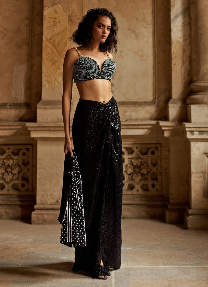 Black Sequin Knot Skirt and Embellished Jacket Set Duara - Fabilicious Fashion