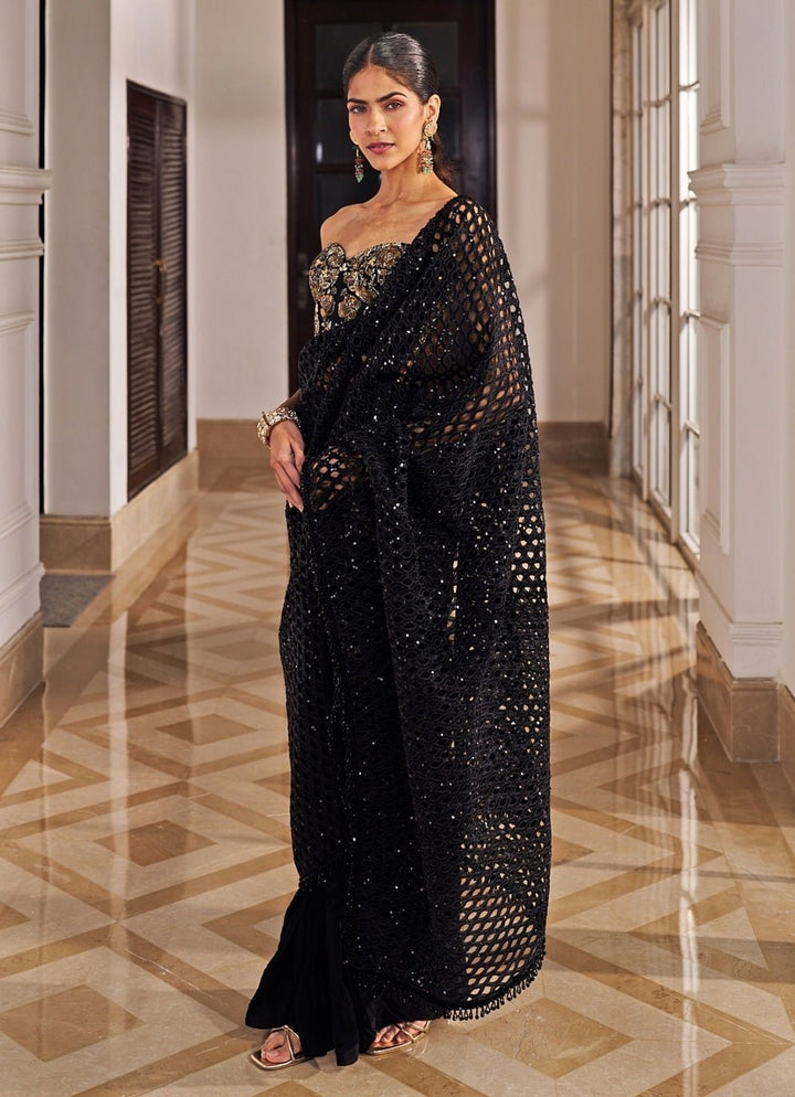 Black Sequinned Net Cutwork Saree Set With Corset Nidhika Shekar - Fabilicious Fashion