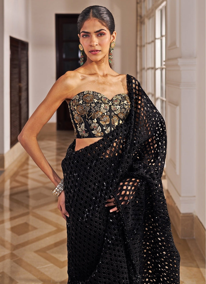 Black Sequinned Net Cutwork Saree Set With Corset Nidhika Shekar - Fabilicious Fashion