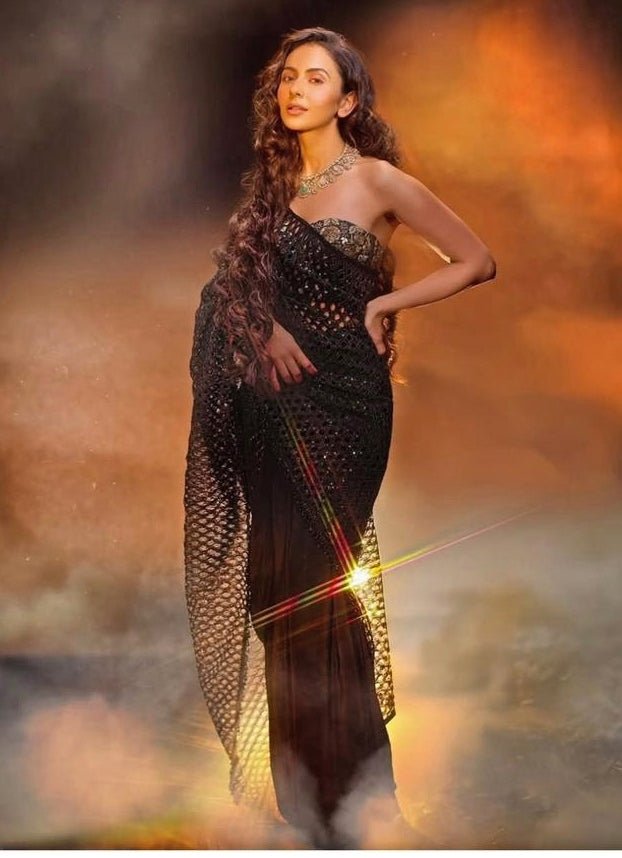 Black Sequinned Net Cutwork Saree Set With Corset Nidhika Shekhar - Fabilicious Fashion