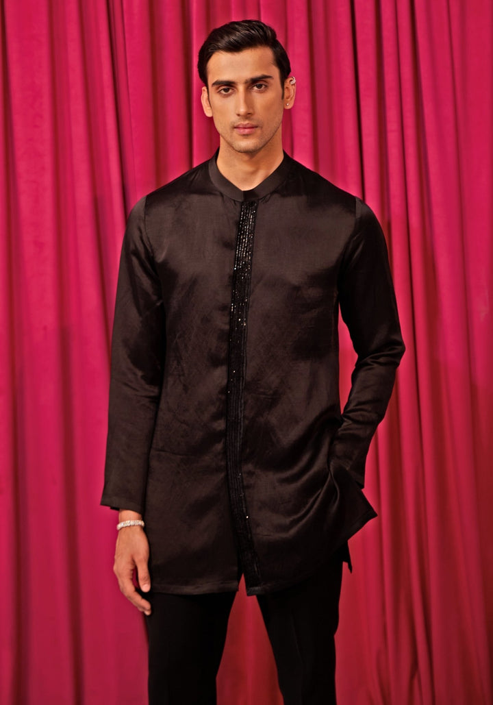 Black Sherwani With Bell Bottom Pants Contrast by Parth - Fabilicious Fashion
