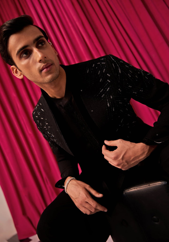 Black Sherwani With Bell Bottom Pants Contrast by Parth - Fabilicious Fashion